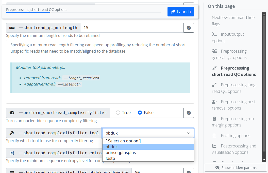 Screenshot of the nf-core pipeline launch graphical user interface with nf-core/taxprofiler options displayed. The web browser-based interface provides guidance for how to configure each pipeline parameter by providing both short and long help descriptions to help guide users in which contexts to configure each parameter. Additional elements such as radio buttons, drop down menus, and background regular expressions check for validity of input. When pressing launch, a prepared configuration file and command is provided that can be copied and pasted by the user into the terminal